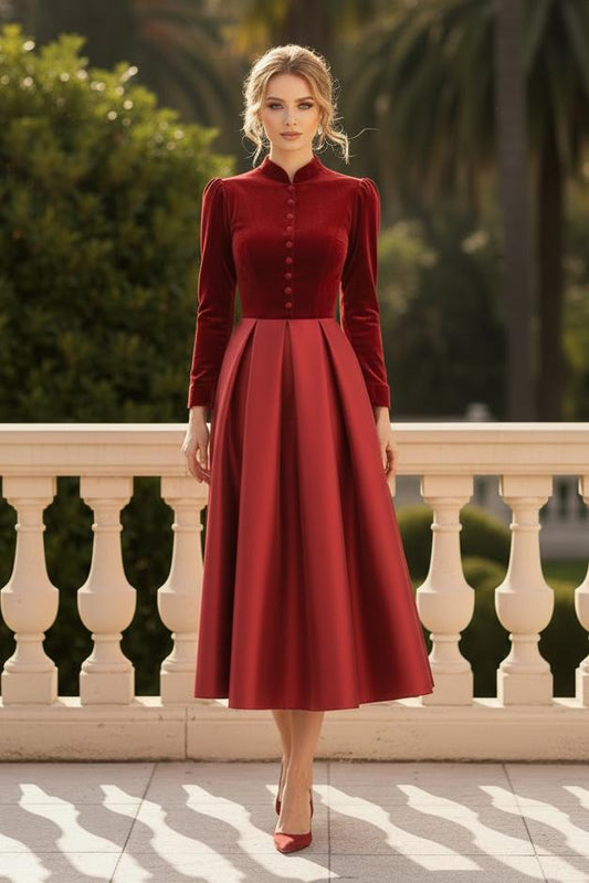 Velvet & Satin Pleated Midi Dress with Long Sleeves