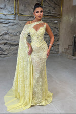 One-Shoulder Embellished Lace Mermaid Evening Gown