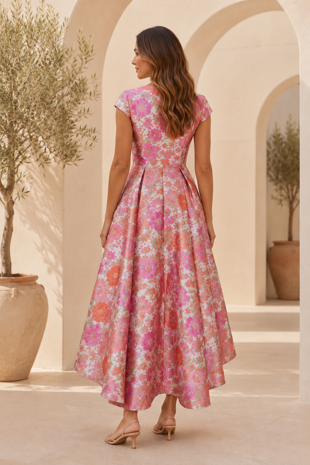 Floral Jacquard High-Low Cap Sleeve Dress