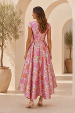 Floral Jacquard High-Low Cap Sleeve Dress