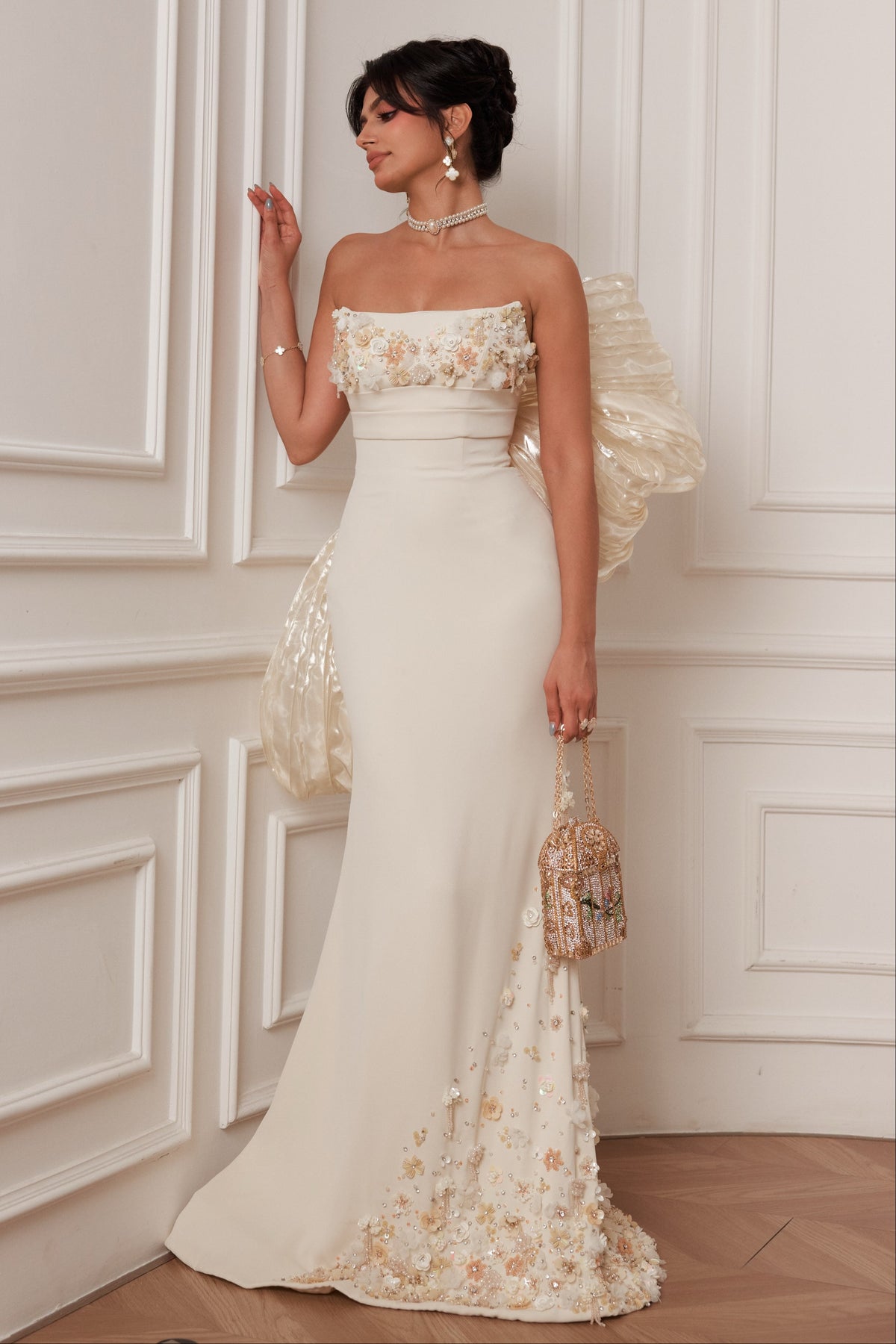Strapless Floral Applique Gown with Oversized Bow
