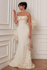 Strapless Floral Applique Gown with Oversized Bow