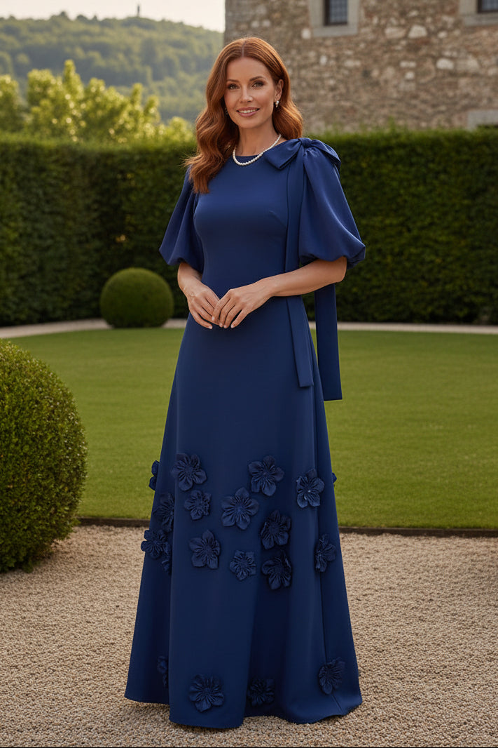 A-Line Gown with Puff Sleeves and 3D Flowers