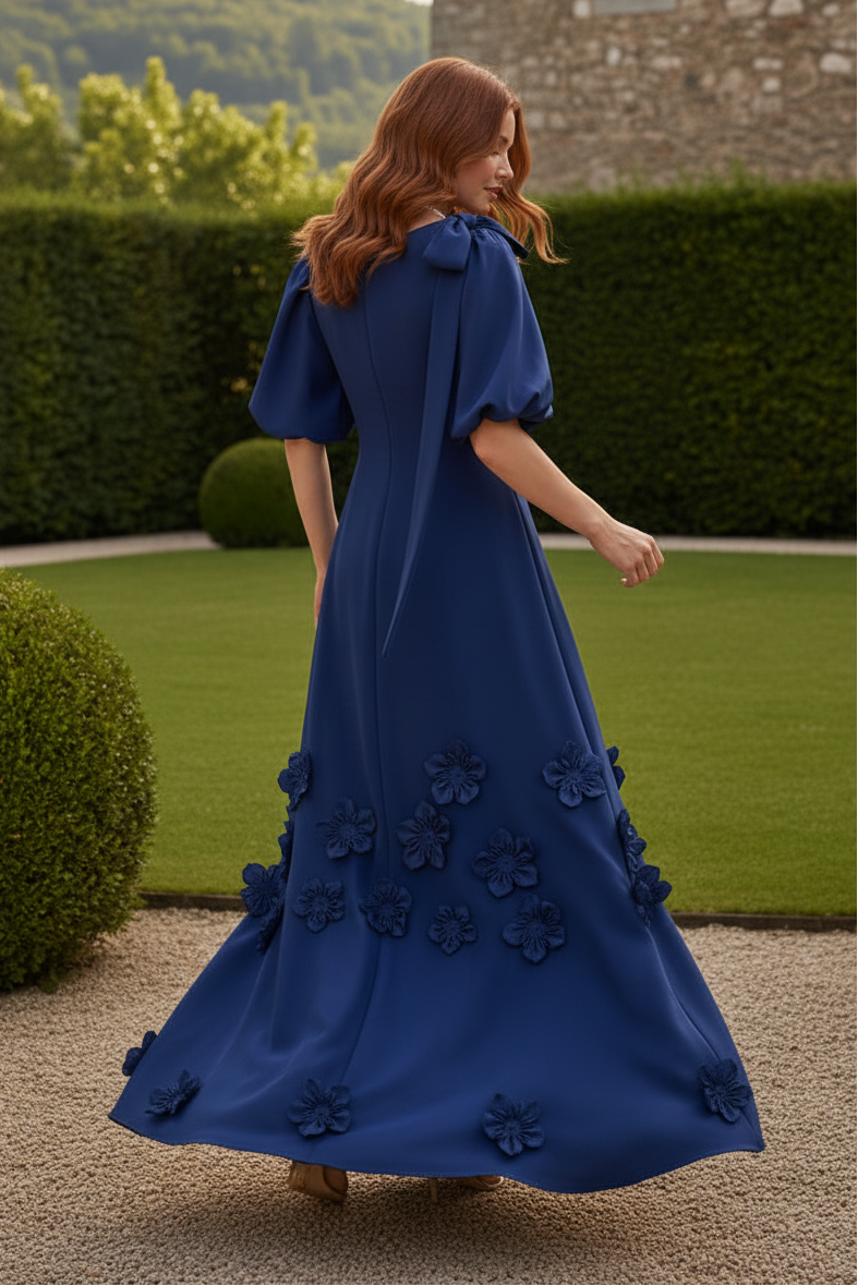A-Line Gown with Puff Sleeves and 3D Flowers