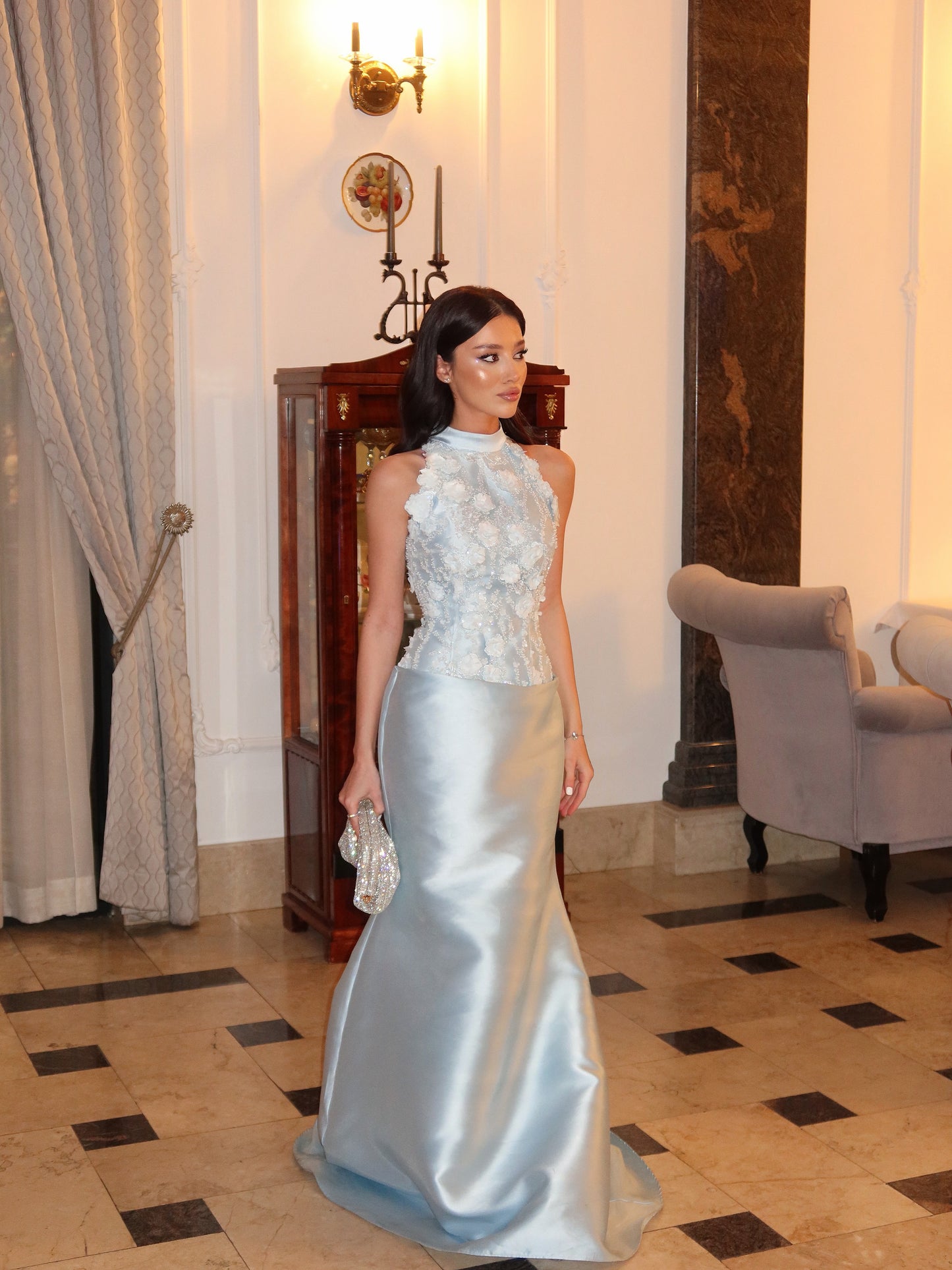 High Neck 3D Floral Applique Mermaid Evening Gown