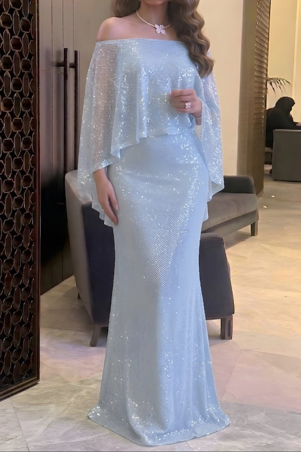 Off-the-Shoulder Cape Sequin Evening Gown