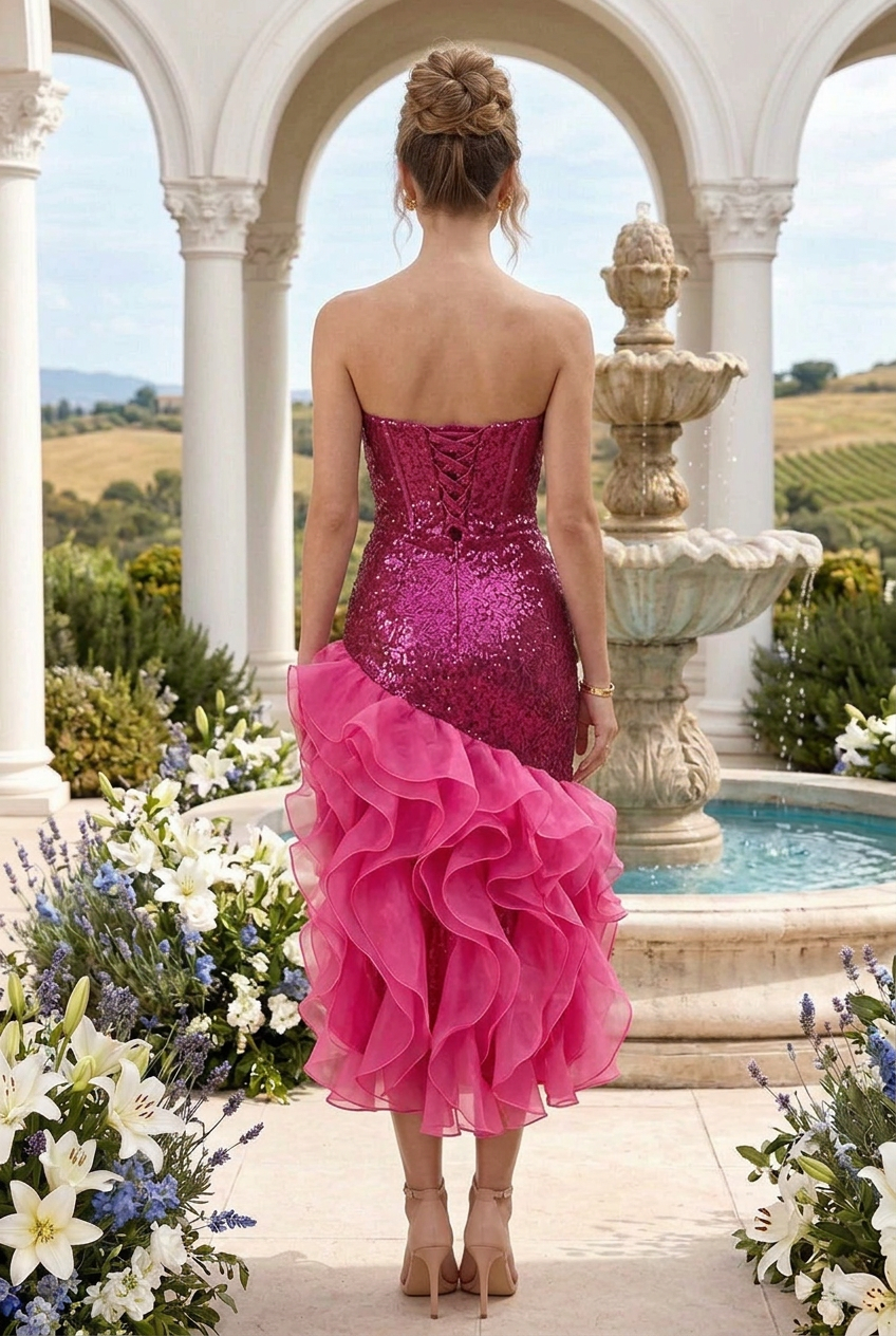 Strapless Sequin Midi Dress with Asymmetric Ruffles