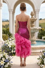 Strapless Sequin Midi Dress with Asymmetric Ruffles
