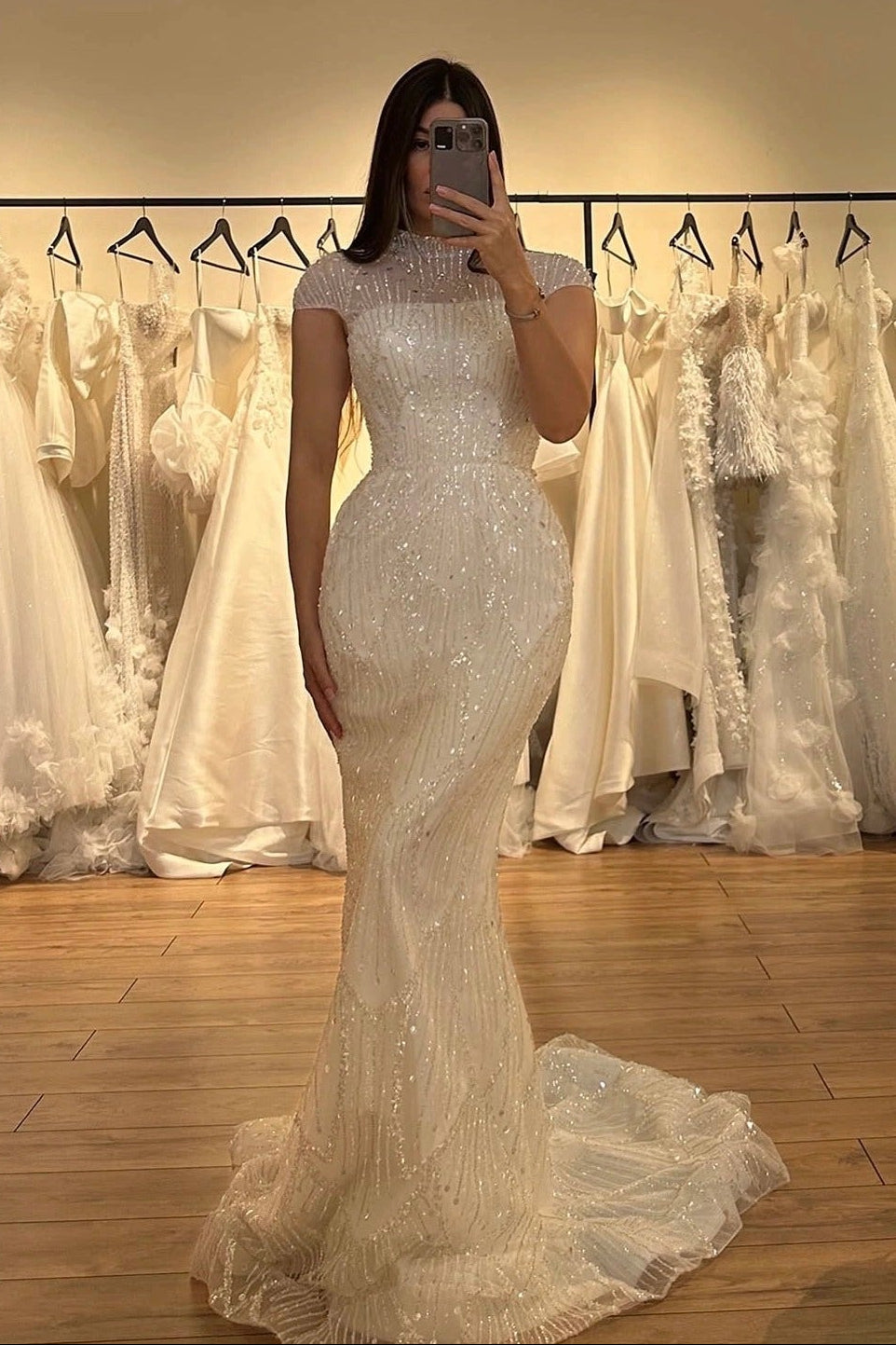 Sequin High Neck Mermaid Wedding Dress with Train