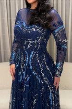 Sequined Long Sleeve A-Line Evening Gown