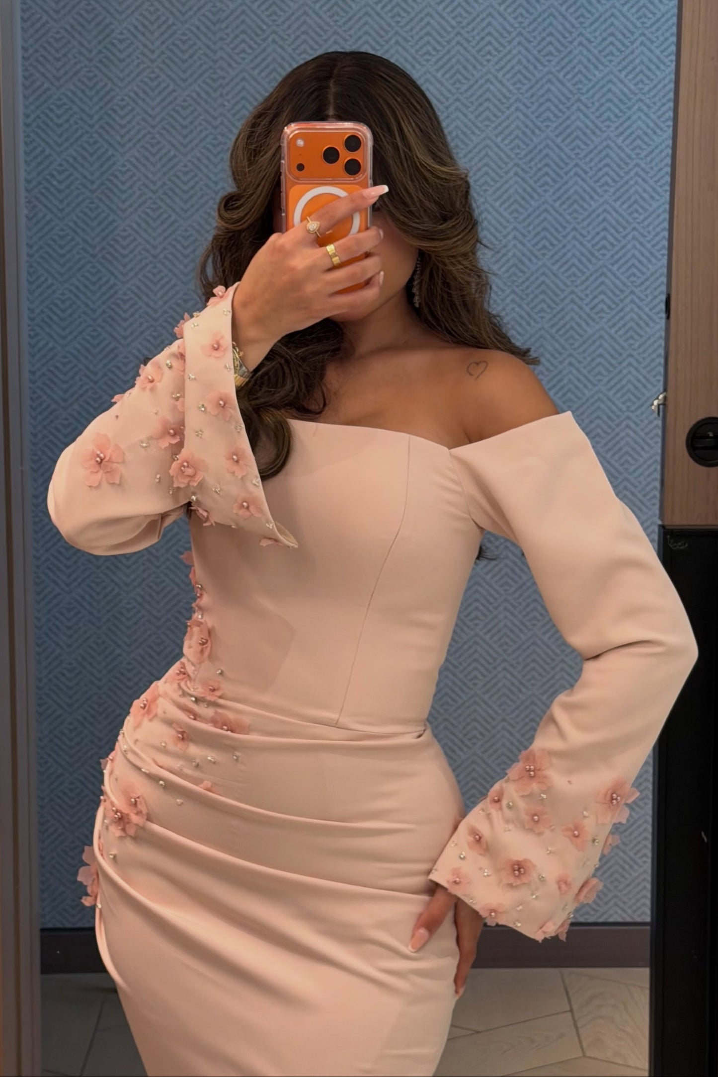 Off-the-Shoulder 3D Floral Long Sleeve Gown