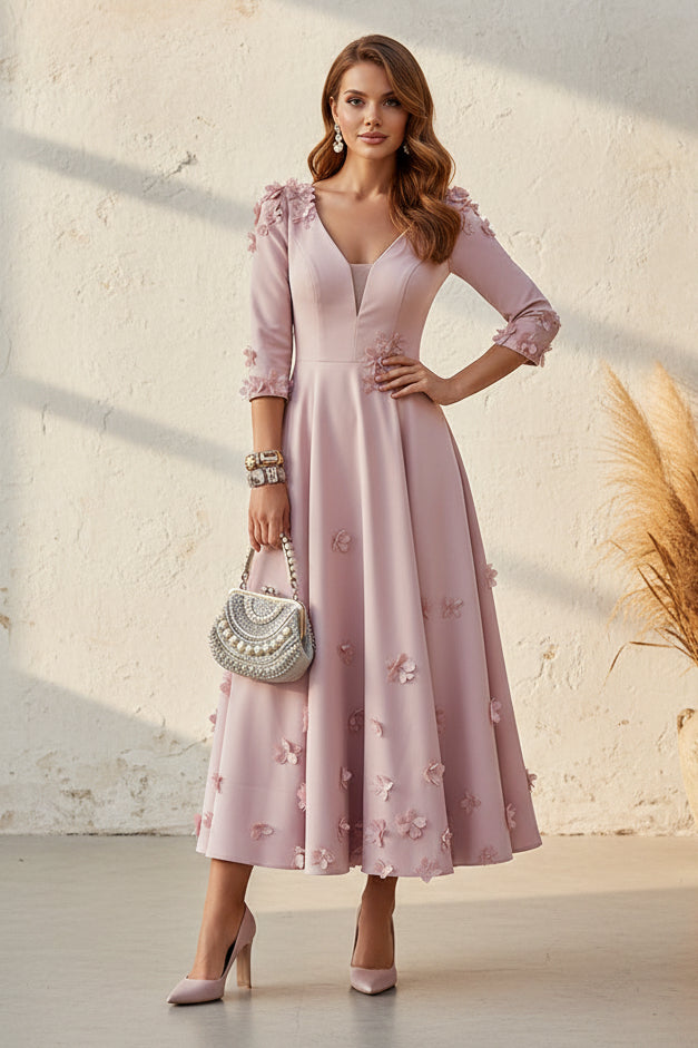 Floral Applique Midi A-Line Dress