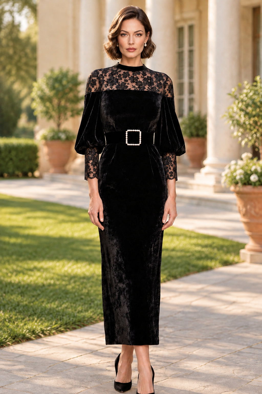 Velvet Column Dress with Sheer Lace Yoke