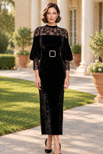 Velvet Column Dress with Sheer Lace Yoke