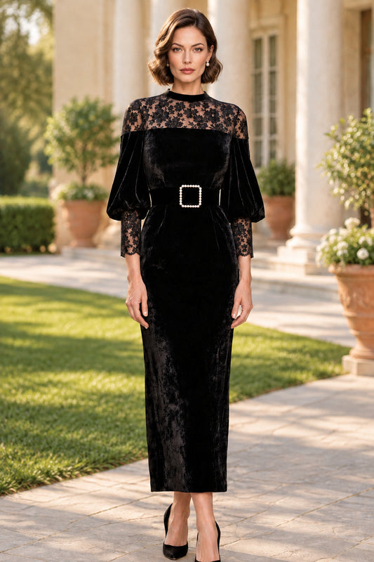 Velvet Column Dress with Sheer Lace Yoke