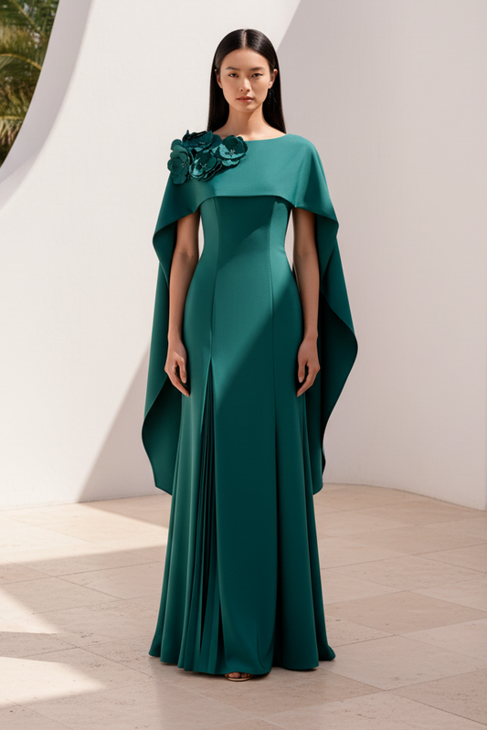 Bateau Neck Cape Gown with 3D Flowers
