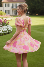 Floral Jacquard Puff Sleeve V-Neck A-Line Mini Dress