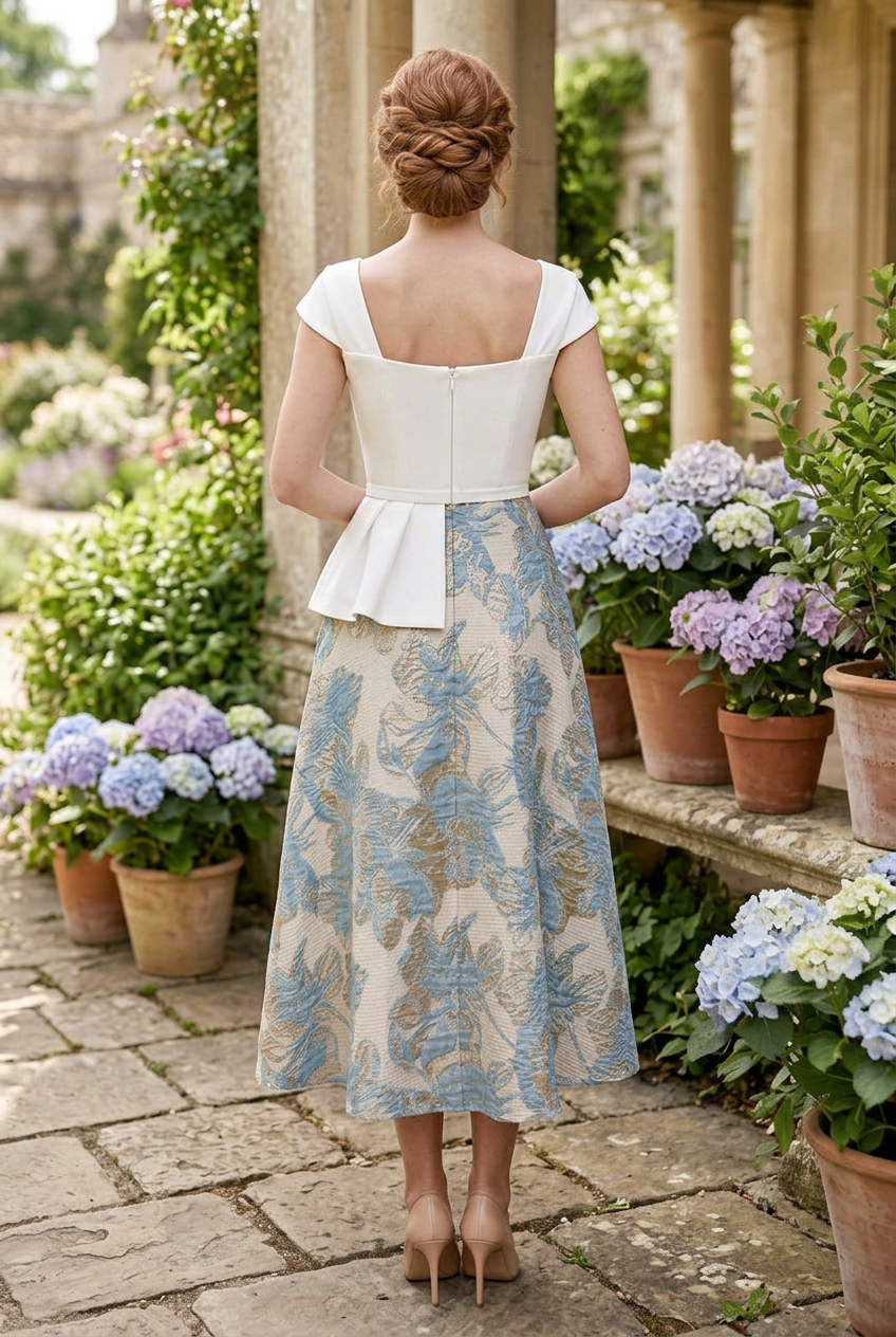 Asymmetric Fold Midi Dress with Jacquard Skirt