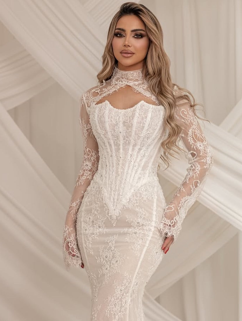 High Neck Lace Mermaid Wedding Dress with Corset Bodice