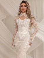 High Neck Lace Mermaid Wedding Dress with Corset Bodice