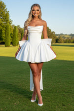 Strapless Cowl Neck Satin Mini Dress with Back Bow