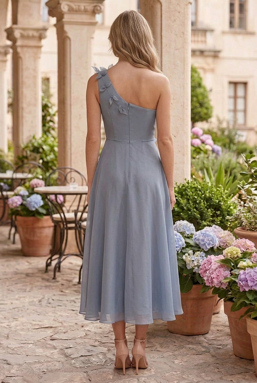 One-Shoulder Floral Appliqué Midi Dress