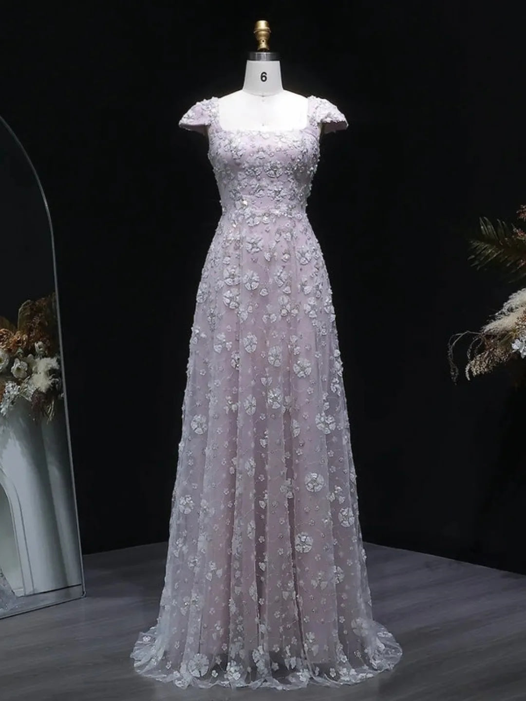 Square Neck 3D Floral Applique A-Line Gown