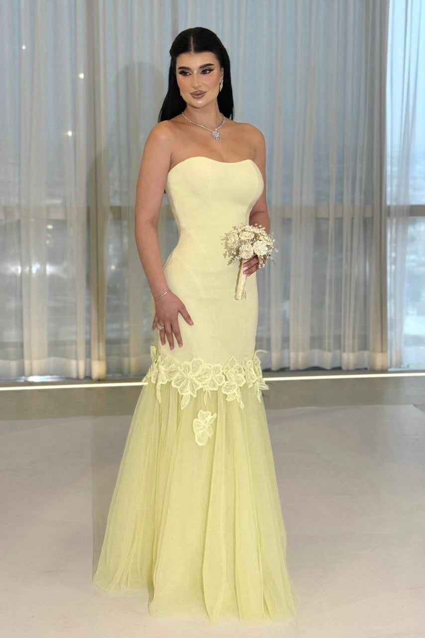 Strapless Mermaid Evening Gown with Lace Applique