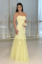 Strapless Mermaid Evening Gown with Lace Applique