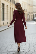 Contrast Lapel Belted Midi Dress with Front Slit