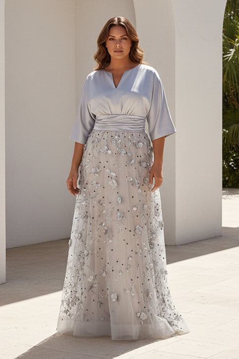 3D Floral Tulle A-Line Gown with Satin Bodice