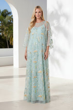 Floral Embroidered Cape Overlay Evening Gown