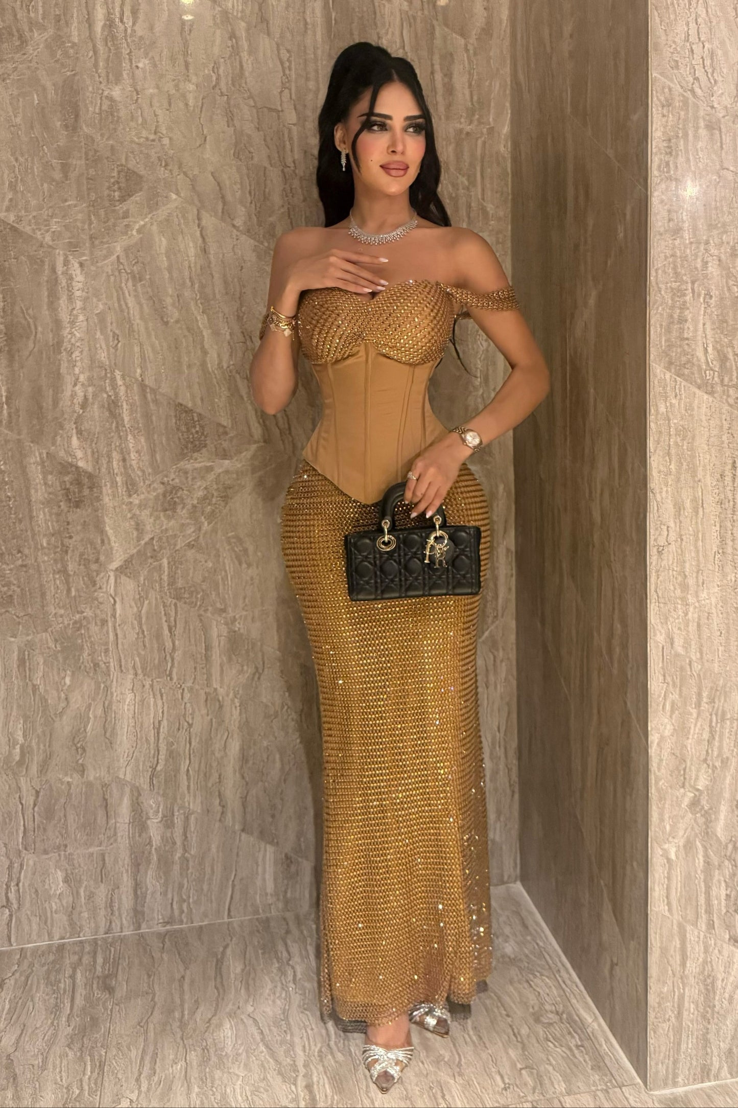 Off-Shoulder Corset Mermaid Evening Gown with Lace-Up Back