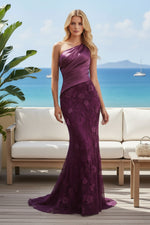 One-Shoulder Pleated Satin and Lace Trumpet Gown