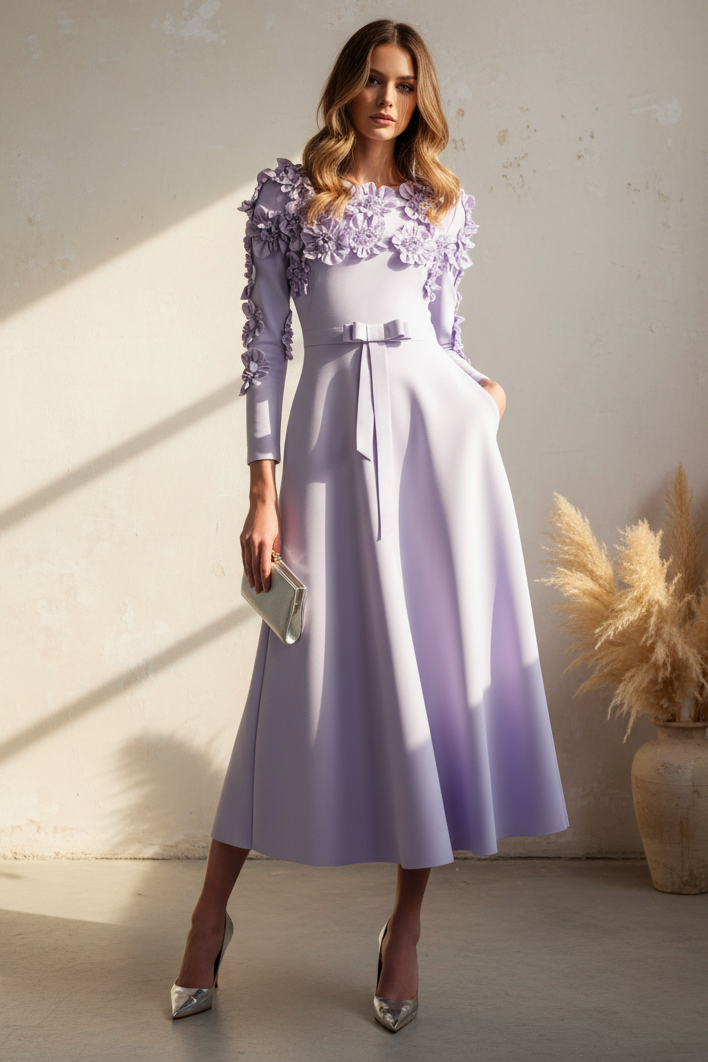 Lilac 3D Floral Long Sleeve A-Line Midi Dress with Pockets