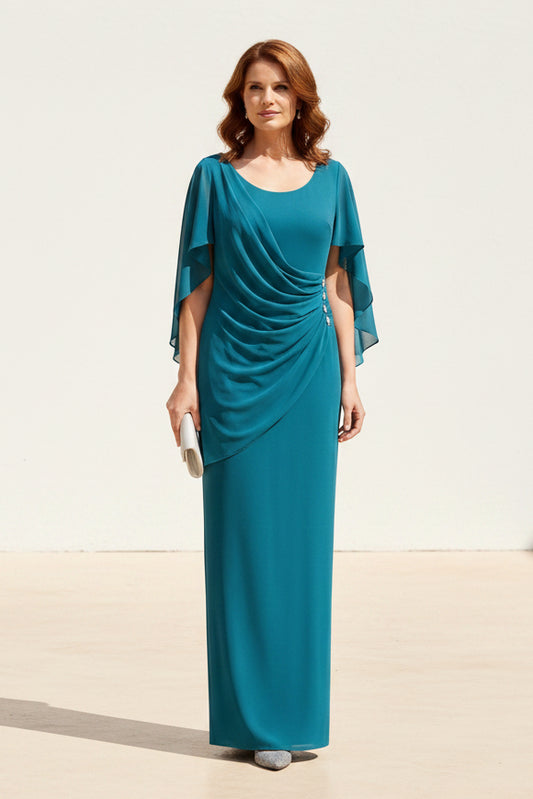 Elegant Scoop Neck Sheath Gown with Cape Overlay