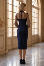 Pearl Illusion Sheath Midi Dress with Long Sleeves