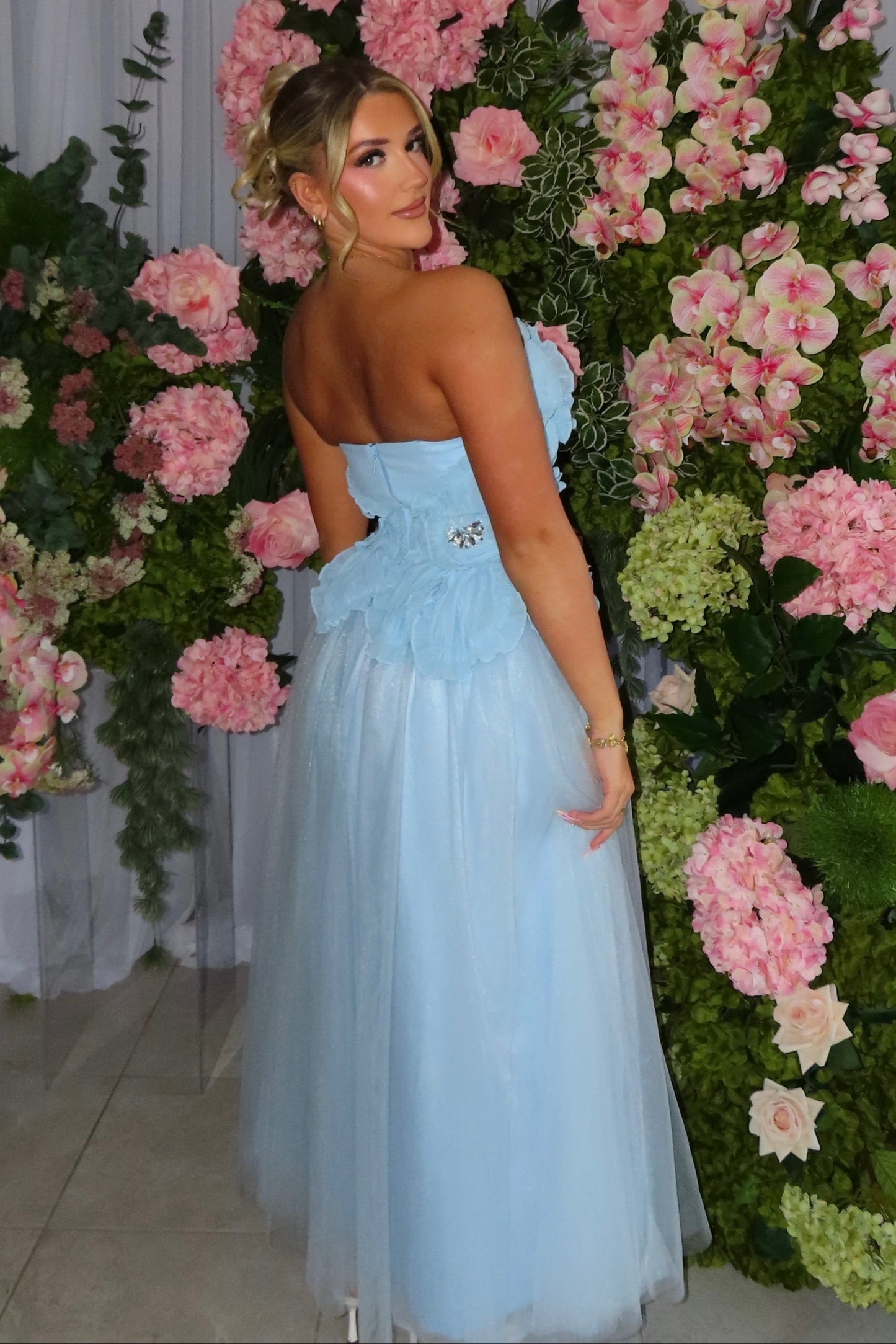 Strapless A-Line Tulle Gown with 3D Floral Bodice
