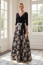 Velvet Bodice Floral Brocade A-Line Evening Gown