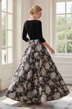 Velvet Bodice Floral Brocade A-Line Evening Gown