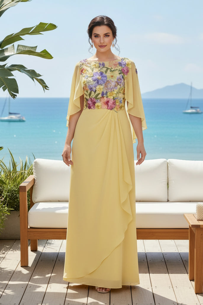 Floral Applique Cape Overlay Floor-Length Gown