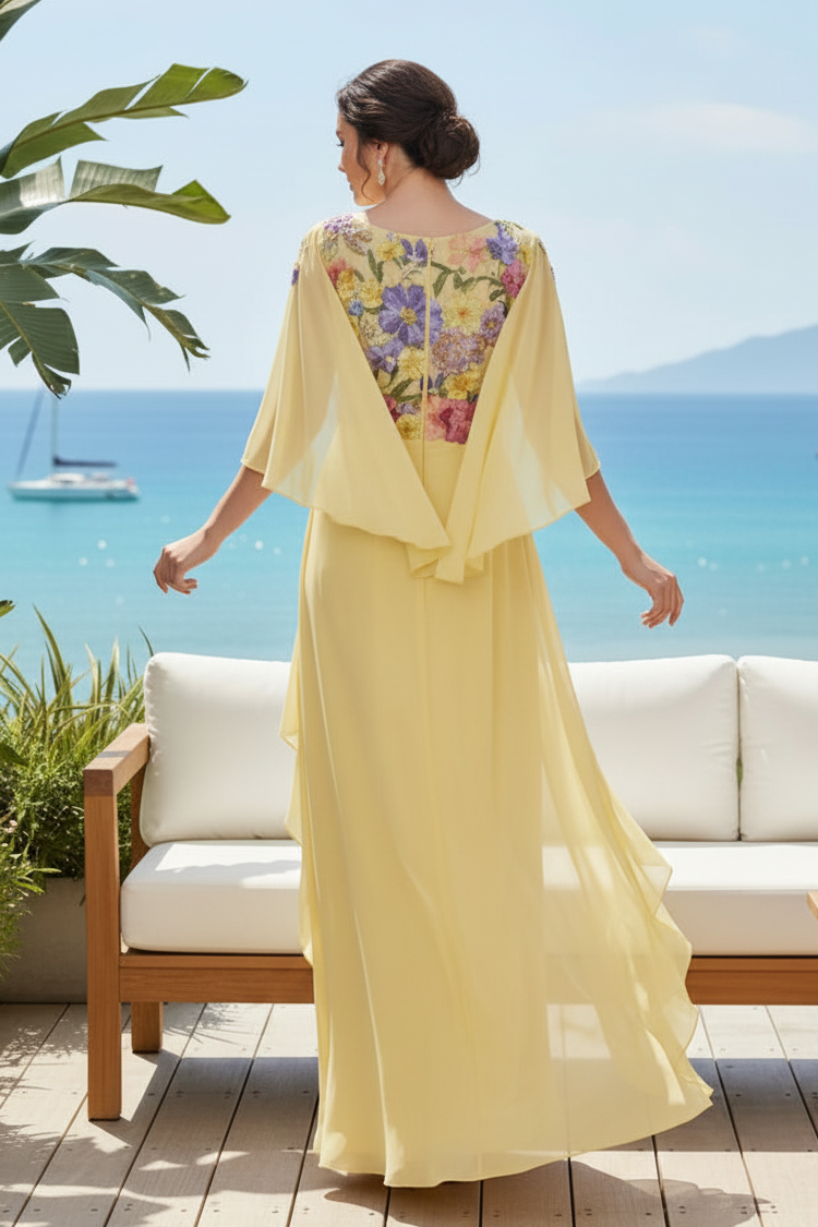 Floral Applique Cape Overlay Floor-Length Gown