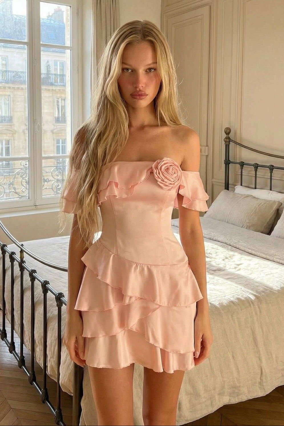 Off-the-Shoulder Tiered Ruffle Satin Mini Dress