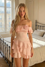 Off-the-Shoulder Tiered Ruffle Satin Mini Dress