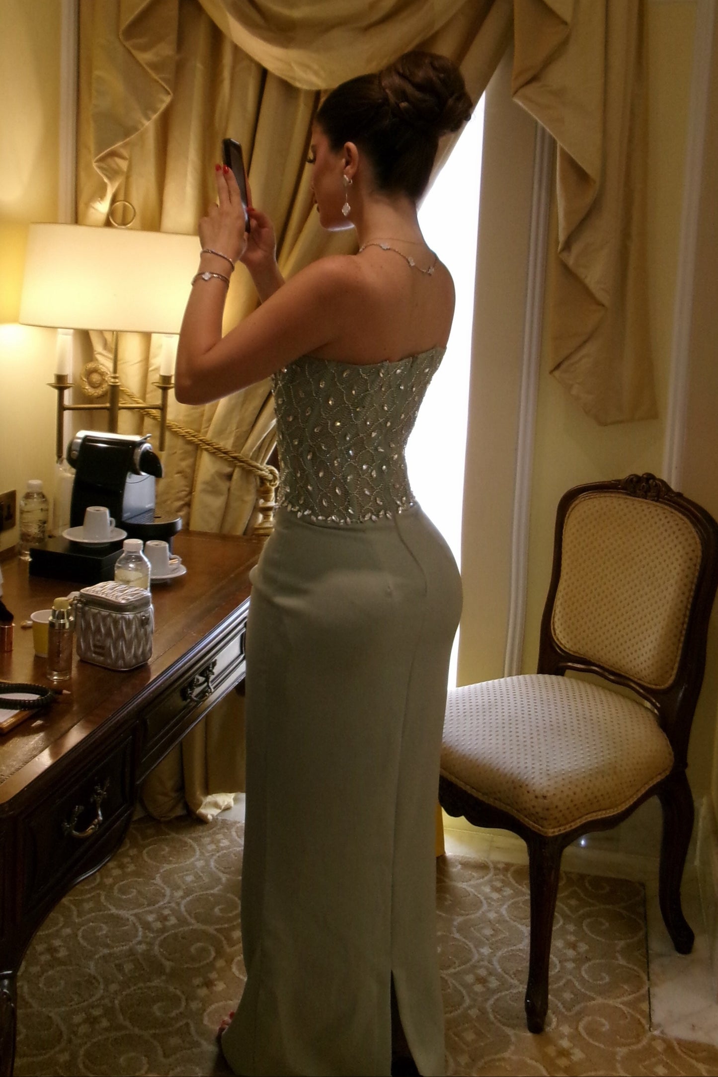 Strapless Beaded Corset Maxi Dress with Back Slit