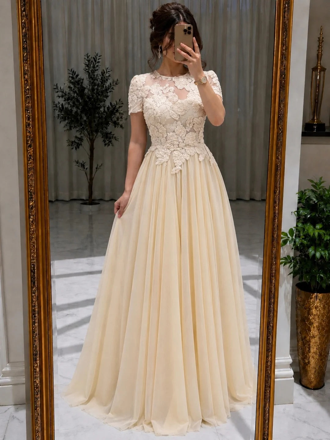 Illusion Lace and Tulle A-Line Gown