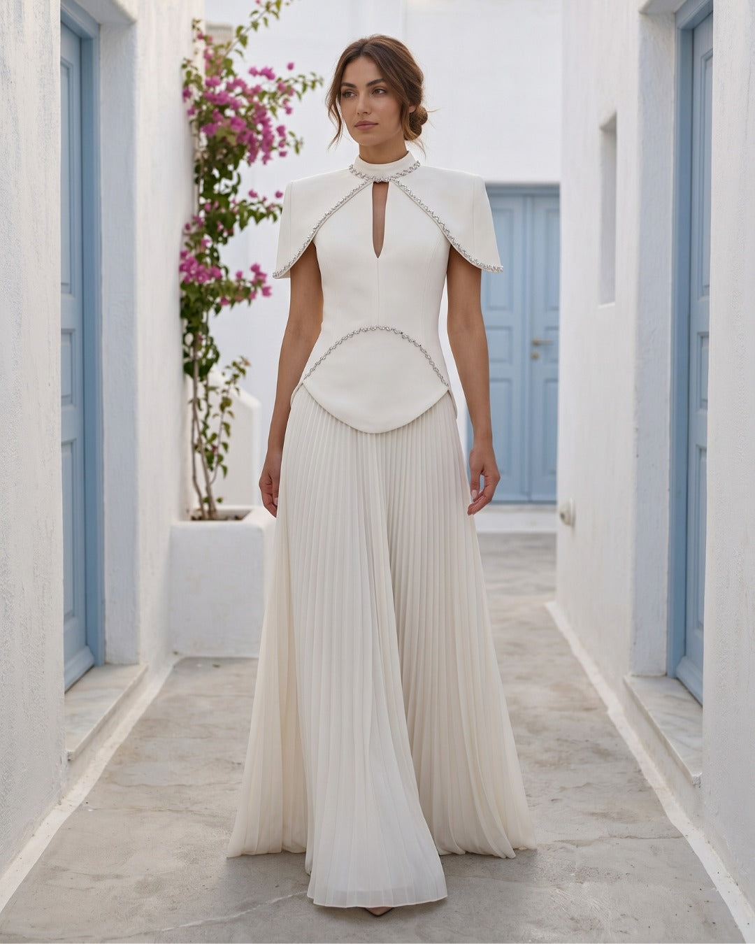 High Neck Keyhole Pleated Two-Piece Gown