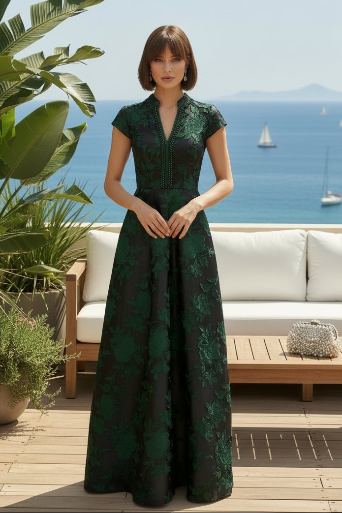 Floral Jacquard Cap-Sleeve A-Line Gown