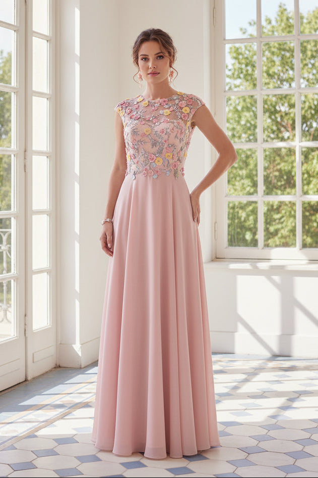 A-Line Floral Applique Illusion Evening Gown