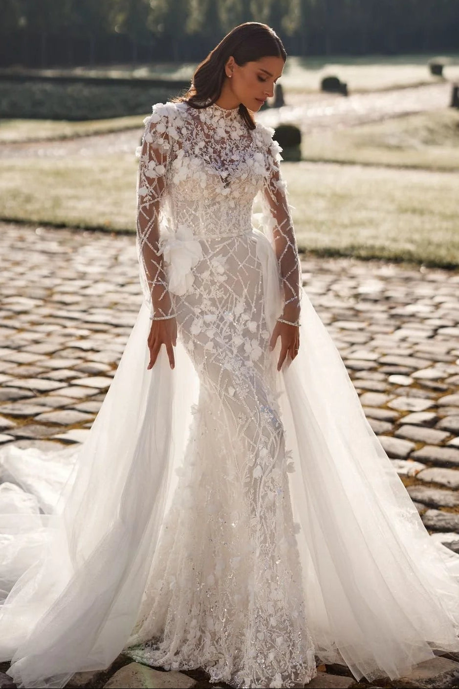 High-Neck Mermaid Wedding Dress with Overskirt